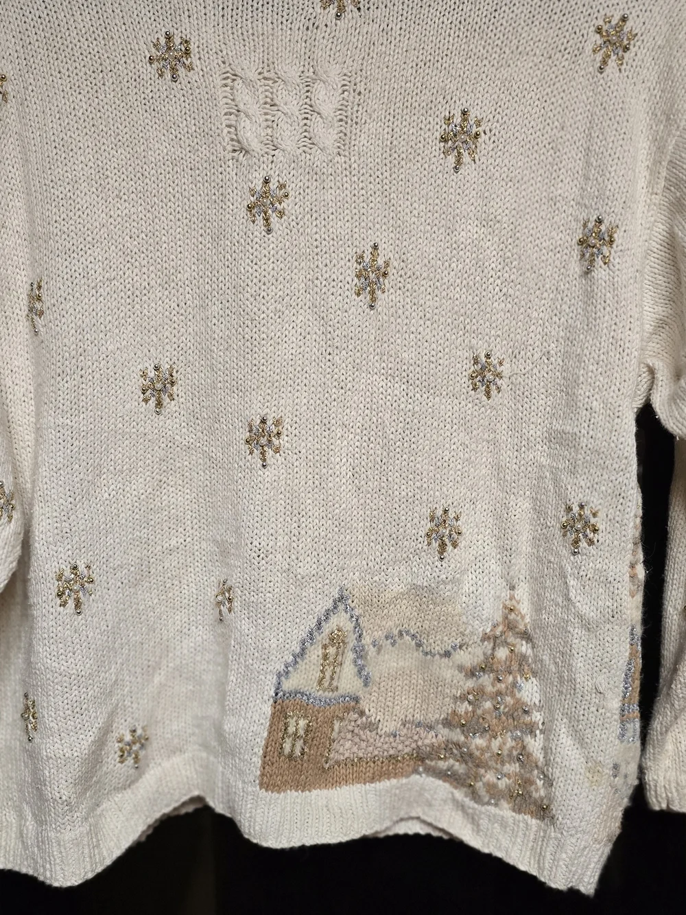 Marisa Christina Rare Cream & Beige Xmas Winter Village Embroidered Cardigan L